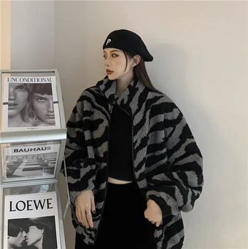 Korėjos Žiemos Harajuku BF Stiliaus Medvilnės Drabužius, Vintage Leopard Prarasti Visą Rankovėmis Striukė ėriukų vilna Išlaikyti Šiltas Užtrauktuku viršutinių drabužių siuvimas