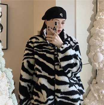 Korėjos Žiemos Harajuku BF Stiliaus Medvilnės Drabužius, Vintage Leopard Prarasti Visą Rankovėmis Striukė ėriukų vilna Išlaikyti Šiltas Užtrauktuku viršutinių drabužių siuvimas