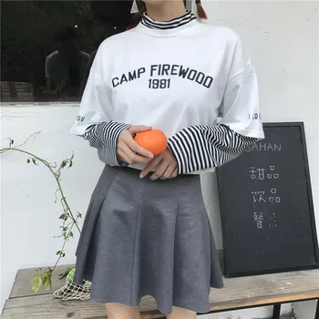 Kratinys Marškinėlius Moterims Tees Estetinės Atsitiktinis korėjos Drabužių Dryžuotas Atspausdintas Laiškas Moterų Ilgas Rankovėmis Marškinėliai T-shirt Viršūnes 2021