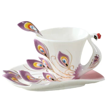Kūrybos 1 Set Povas Kavos puodeliai Lėkštė ,Keramikos Puodelius Kaulų Kinija 3D Spalvų Emalį Puodelis su Lėkštė ir Šaukštas rinkinys