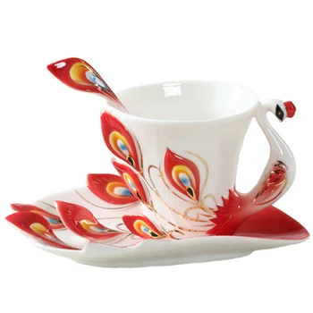 Kūrybos 1 Set Povas Kavos puodeliai Lėkštė ,Keramikos Puodelius Kaulų Kinija 3D Spalvų Emalį Puodelis su Lėkštė ir Šaukštas rinkinys