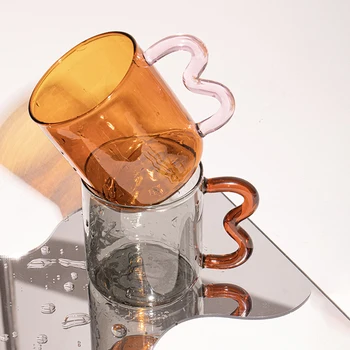 Kūrybos Spalvinga Stiklo Taurės Alaus Kavos Puodelius Termiškai Atsparus Sveika Gerti Puodelis Banga Rankena Arbatos Puodeliai Skaidrus Drinkware