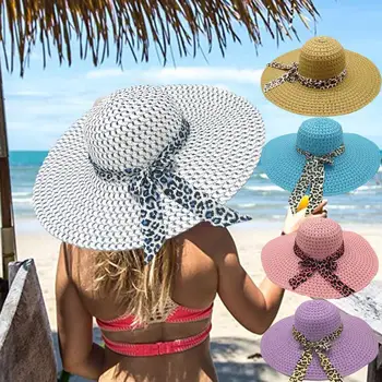Lauko Paplūdimio Vasaros Šiaudų Skrybėlę Moterų Leopard Bowknot Didelis Kraštų Saulės, Skrybėlės, Sulankstomas UV Apsauga Skydelis Skrybėlę sombreros de mujer
