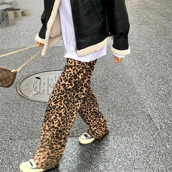 Leopardas spausdinti plataus kojų kelnės moterims 2021 žiemą, pavasarį, naujų korėjos prarasti Gatvės visas rungtynes, aukštos juosmens, tiesios kojos kelnės