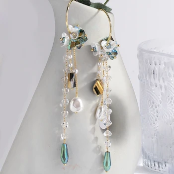 Lifefontier korėjos Elegantiškas Green Crystal Pearl Ilgai Kutas Auskarai Moterims Gėlės Žiedlapis Lašas Auskarai Vestuves Papuošalai