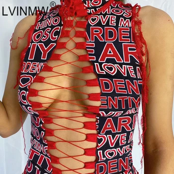 LVINMW Seksualus Juoktis Kaklo, Rankovių Tuščiaviduriai Iš Pasėlių Viršų Moteris Slim Letter Spausdinimo Derliaus Paprasta tankų Moterų Streetwear