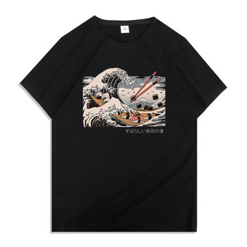 Mados Didžiosios Suši Banga Japonijos Komiksų Stilius Spausdinti Vyrų T-Shirts O-Kaklo Drabužius Harajuku Negabaritinių Marškinėliai Kvėpuojantis Žmogus, Topai