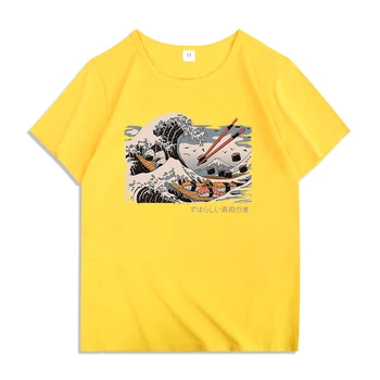 Mados Didžiosios Suši Banga Japonijos Komiksų Stilius Spausdinti Vyrų T-Shirts O-Kaklo Drabužius Harajuku Negabaritinių Marškinėliai Kvėpuojantis Žmogus, Topai