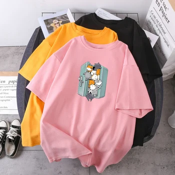 Mados Negabaritinių Tees K-pop Atsitiktinis Viršūnes Daug Cute Kačių, Langelyje T-shirts Hip-Hop Vasaros 2021 Camisetas Naujas O-kaklo Lady Drabužiai