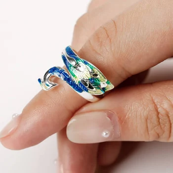 Mados Prabangus Sidabro Spalvos Vestuvių Žiedai Moterims, Mėlyna Emalį Povas Gyvūnų Žiedas Moterų Paprastas Dizainas Reguliuojamas Papuošalai