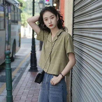 Marškinėliai Moterims Vasaros Harajuku Pledas Camisa Atidaryti Dygsnio Pasėlių Viršuje Korėjos Ulzzang Paprasta Retro Vintage Femme Blusas Tunika Streetwear