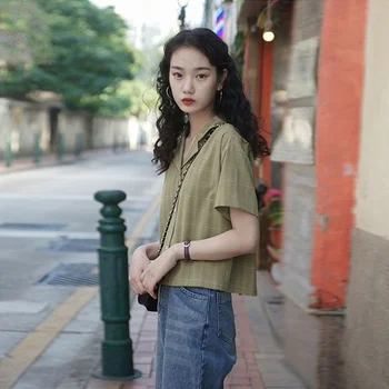 Marškinėliai Moterims Vasaros Harajuku Pledas Camisa Atidaryti Dygsnio Pasėlių Viršuje Korėjos Ulzzang Paprasta Retro Vintage Femme Blusas Tunika Streetwear