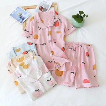 Medvilnės krepo šortai pajama komplektai moterų Vasaros Japonijos saldžiųjų vaisių trumpomis rankovėmis, paprastas pižamos mujer sleepwear moterims