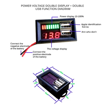 Mini voltmetras Testeris, Skaitmeninis Displėjus, LED Voltmeter Skydelis DC 12V Transporto priemonių, Motociklų Dual USB 5V2A Produkcija