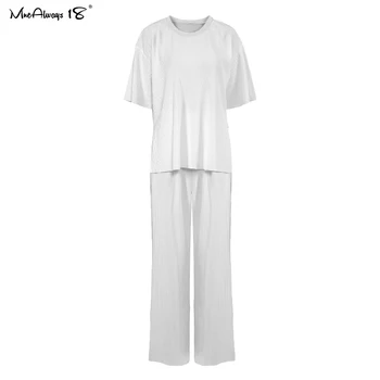Mnealways 18 Baltos spalvos 2 dalių Rinkinys Moterims Tiktų Plisuotos Pločio Kojų, Inkstų Ir Atsitiktinis Vasaros Viršūnes Lady Soild Streetweer Negabaritinių kostiumas 2021