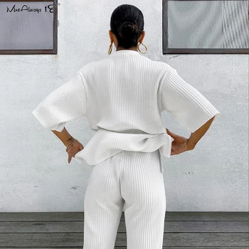 Mnealways 18 Baltos spalvos 2 dalių Rinkinys Moterims Tiktų Plisuotos Pločio Kojų, Inkstų Ir Atsitiktinis Vasaros Viršūnes Lady Soild Streetweer Negabaritinių kostiumas 2021
