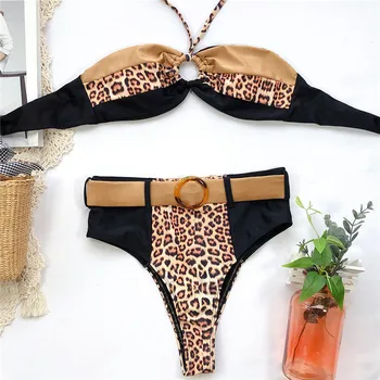Mossha Bandeau bikinis 2020 mujer Leopardas spausdinti maudymosi kostiumėlį moterų Diržas maudymosi kostiumą Aukšto juosmens maudymosi kostiumėliai moterims Vasaros besimaudančių naujas