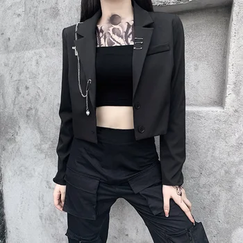 Moterys, Punk, Gothic Black Švarkas Harajuku Streetwear Metalo Grandinės Kratinys Kostiumas Office Ponios Važinėti Trumpas Kailis
