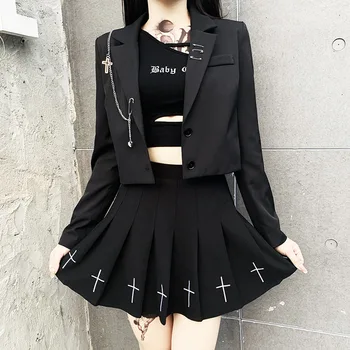 Moterys, Punk, Gothic Black Švarkas Harajuku Streetwear Metalo Grandinės Kratinys Kostiumas Office Ponios Važinėti Trumpas Kailis