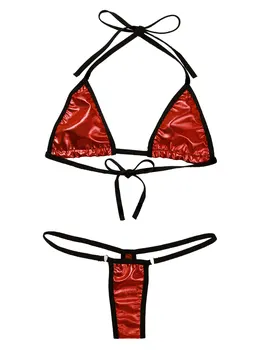 Moterų Blizgus Lakinės Odos Dviejų dalių Bikini Komplektas Micro maudymosi kostiumėlį, Apynasrio Maudymosi kostiumai bei kelnaitės Nėriniai-up Liemenėlė su G-string