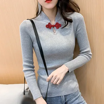 Moterų Kinijos Retro Stiliaus Sagtis Atsargūs Mašina Viršuje Lieknėjimo T-shirt Slim ilgomis rankovėmis Marškinėliai, moteriški Drabužiai