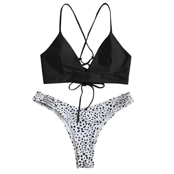 Moterų maudymosi kostiumėlį 2021 Bikini Spausdinti Nustatyti V-kaklo maudymosi kostiumėlį Dviejų dalių Užpildytas Liemenėlė Leopardas spausdinti maudymosi Kostiumėliai Paplūdimio Biquini Besimaudančių
