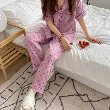 Moterų pajama nustatyti trumpas rankovės meilė širdies spausdinti medvilnės sleepwear 2 dalių komplektas homewear drabužius palaidinė pijamas kelnes namų kostiumas Y439