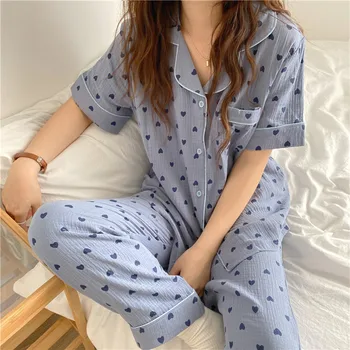 Moterų pajama nustatyti trumpas rankovės meilė širdies spausdinti medvilnės sleepwear 2 dalių komplektas homewear drabužius palaidinė pijamas kelnes namų kostiumas Y439
