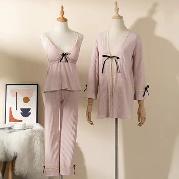 Moterų Pijamas Kimono Skraiste Suknelė Medvilnės Pižama Nustatyti 3PCS Sleepwear Seksualus Minkštas naktiniai drabužiai Loungewear Pavasarį Naują apatinio Trikotažo Komplektai