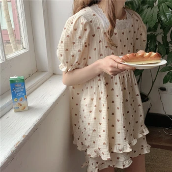 Moterų pižama nustatyti vasaros sleepwear cute medvilnės patalynė trumpas rankovės puloveriai šortai pijamas meilužio širdį spausdinti lacework Y580