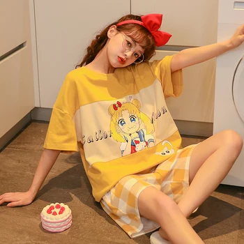 Moterų Pižamos Nustatyti Miego Ponios Kawaii Laisvalaikio Drabužiai Japonų Anime Sleepwear Vasaros Trumpas Rankovės Marškinėliai Kelnės Mergaitėms Pižama Moterų