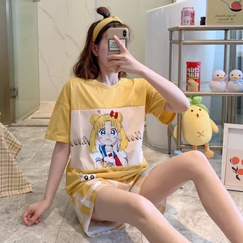 Moterų Pižamos Nustatyti Miego Ponios Kawaii Laisvalaikio Drabužiai Japonų Anime Sleepwear Vasaros Trumpas Rankovės Marškinėliai Kelnės Mergaitėms Pižama Moterų