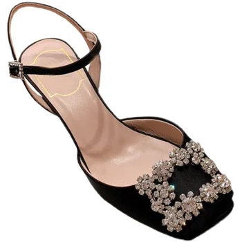 Moterų sandalai aikštėje sagtis šilko basutės aukštu kulnu, vasaros aikštėje galvos diamond sagtis blizgučiais odos stiletto batai
