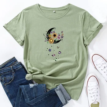 Moterų Spausdinimo Gėlių Gėlių 90-ųjų Animacinių filmų Mėnulis Ponios Mados Drabužių Streetwear Spausdinti Tee Viršuje Marškinėlius Moterų Grafinis T-shirt