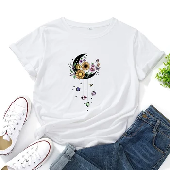 Moterų Spausdinimo Gėlių Gėlių 90-ųjų Animacinių filmų Mėnulis Ponios Mados Drabužių Streetwear Spausdinti Tee Viršuje Marškinėlius Moterų Grafinis T-shirt