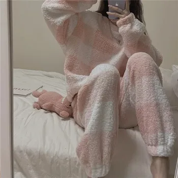 Moterų Žiemos Pajama Nustatyti 2021 Šiltas Karikatūros Flanelė Pižama Sleepwear Homewear Storo Aksomo Moterų Pliušinis Pižamos Kostiumas Palaidinukė