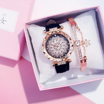 Moterų Žvaigždėtą Dangų Žiūrėti Prabanga Rose Gold Diamond Laikrodžiai Ponios Atsitiktinis Odos Juosta Kvarcinis Laikrodis Moterų Laikrodis