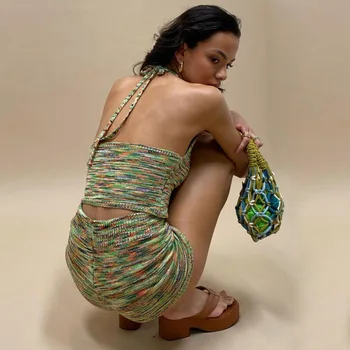 Mozision Megztas Dviejų Dalių Rinkinys Moterims Vasaros Tuščiaviduriai Iš Apynasrio Pasėlių Viršuje Šortai Kostiumas Ponios Sexy Rankovių Backless Rinkiniai