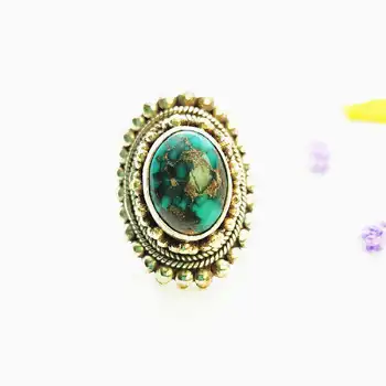 Natūralaus Akmens Žiedai Vario Inkrustacijos Turquoises Didelis Gėlių Žiedus Žmogus Ovalo formos Žiedas R234