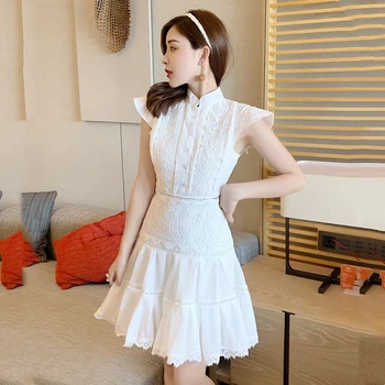 Nauja Elegantiška Vintage Kratinys Balta Nėrinių Suknelė Moterims Aukštos Kokybės Stovėti Apykaklės Aukštos Juosmens + Odinis Varčias Suknelių Mados