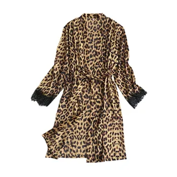 Nauja Mada Moterims Moteriški Satino, Šilko Chalatai Spausdinti ilgomis Rankovėmis Šilkiniai Leopardas Spausdinti Chalatas Sleepwear su Diržo Homewear Pižamos