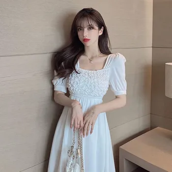 Nauja Vasaros korėjos Plonas Juosmens Suknelė Moterims 2021 Mados Rankovių Balta Vakare Šalies Šifono A-line Dresses