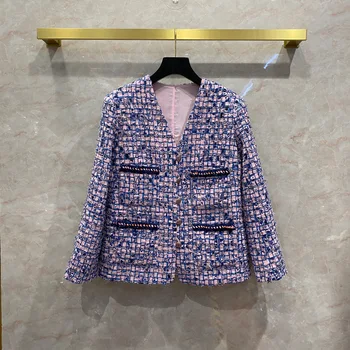 Naujas dizaineris Moterų Aukštos kokybės Šilko, Pamušalas pledas tvido paltas Mados elegantiškas V-kaklo Grandines striukės C770