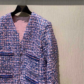 Naujas dizaineris Moterų Aukštos kokybės Šilko, Pamušalas pledas tvido paltas Mados elegantiškas V-kaklo Grandines striukės C770