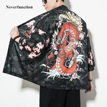 Naujas Kimono Megztinis Japonijos Striukės Vyrams Tradicinio Stiliaus Dragon Sakura Spausdinti Vasaros Paplūdimio Pusė Rankovių Atidaryti Dygsnio kailis