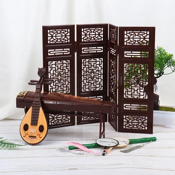 Nauji Karšto！Prabangus Retro Miniatiūriniai Lėlių Lankstymo Ekrano Fleita Liutnia Guzheng Ventiliatorius Gyvenimo Scenos Ornamentu