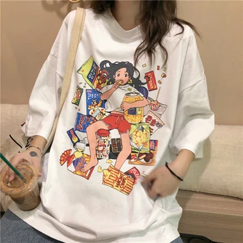 Negabaritinių Trumpas Rankovės Marškinėliai Moterims Animacinių Filmų Spausdinti Vasaros Streetwear Harajuku Korėjos Mados Viršų Moteriška Laisvi Drabužiai 2021 Tendencija