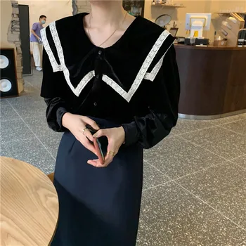 Nėriniai ruožtu kaklo velvet black marškinėliai ilgomis rankovėmis mygtukai retro atsitiktinis korėjos stiliaus pavasario 2021 m. rudenį viršų