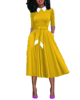 Office Lady Maxi Suknelė Afrikos Drabužius, Drabužius, Plius Dydis Drabužių Pasukite Žemyn Apykaklės Aukštos Juosmens-Line Suknelė ir Diržas Vestidos Femme