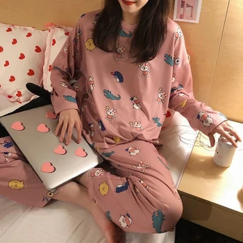 Pavasario Pajama Nustatyti Moterų Animacinių Filmų Spausdinti Homewear Pižama Moterų Prarasti Nigtwear Sleepwear Nustatyti Pijamas Moterims